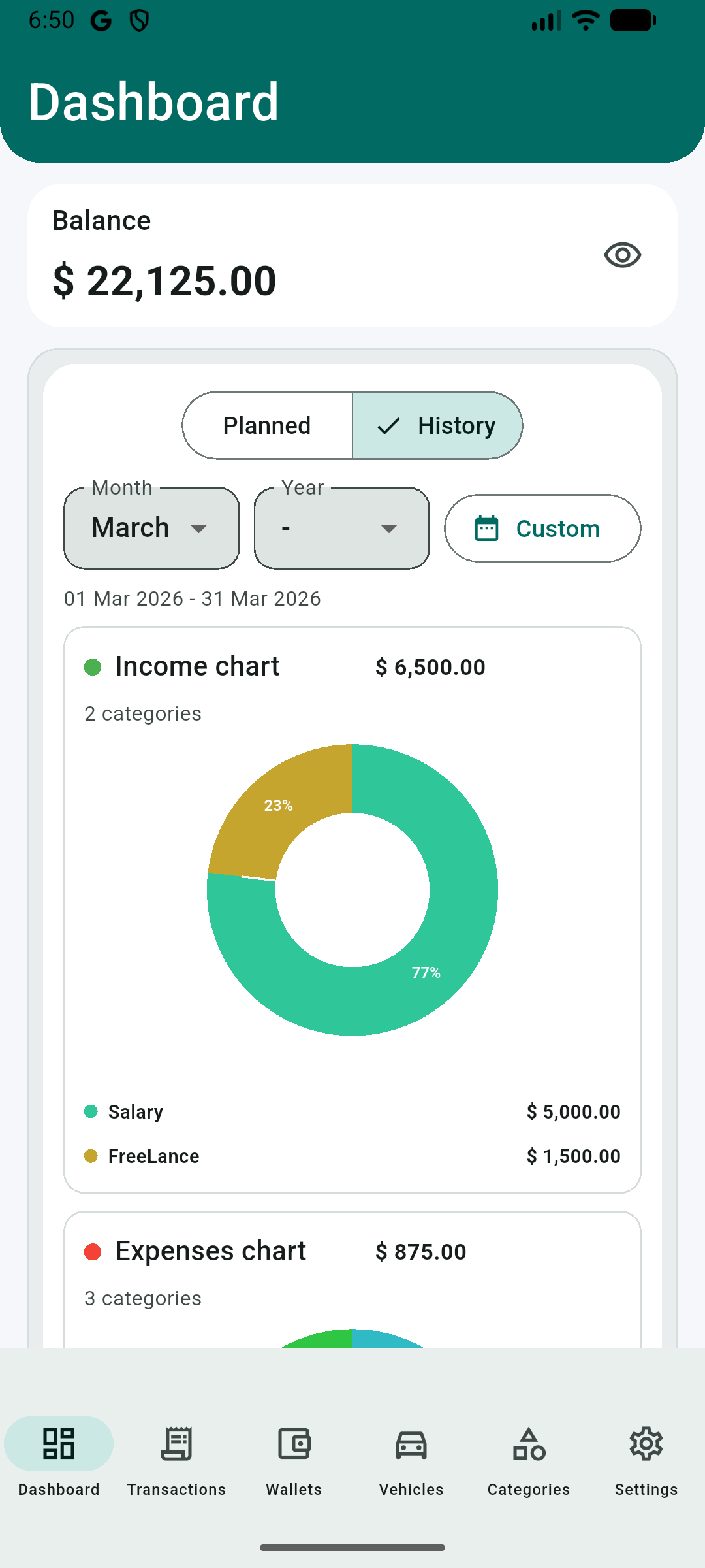 TrackVex history dashboard screen